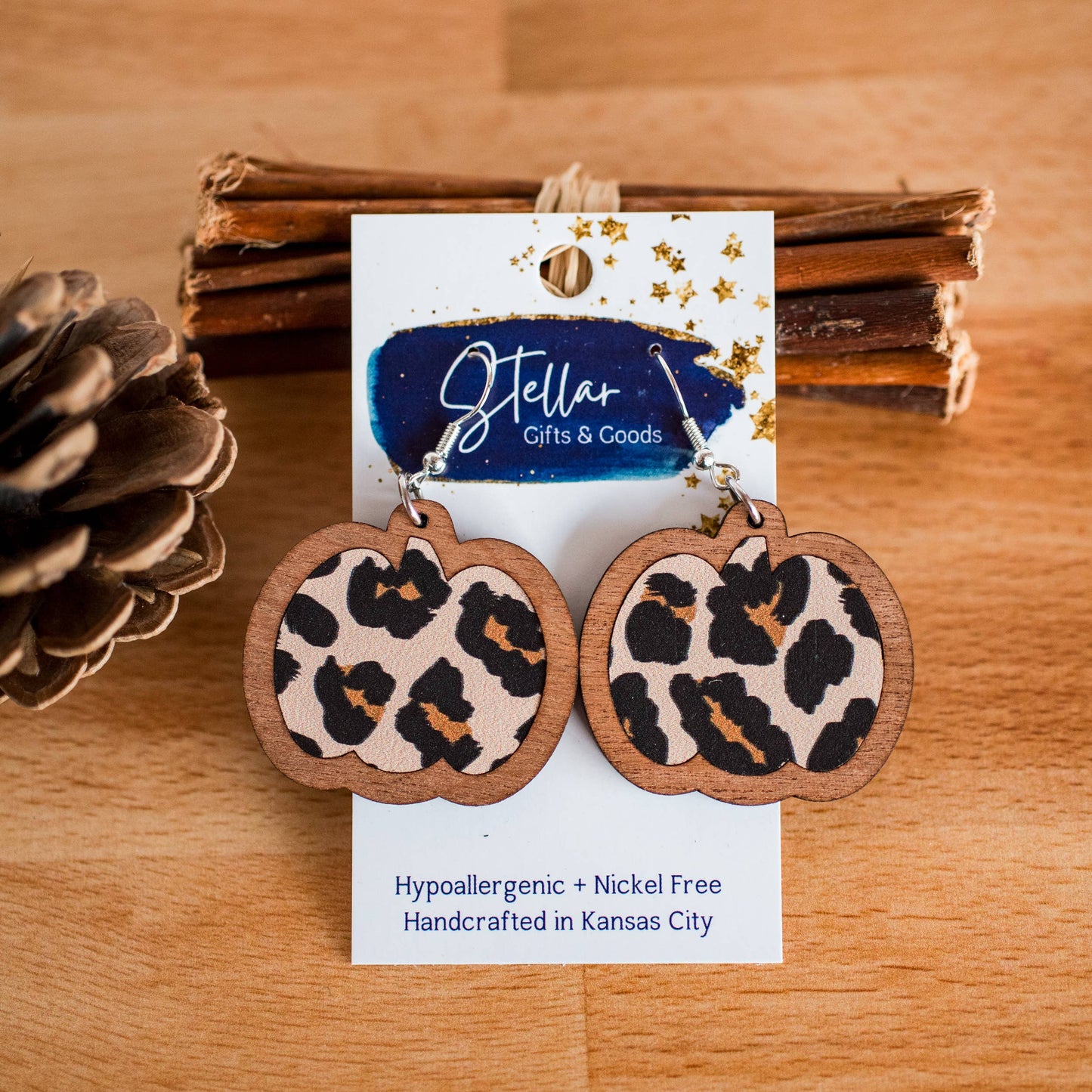 Leopard Pumpkin Inset Dangles - Fall Harvest Earrings