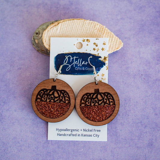 Filigree Pumpkin Spice Glitter Inset  Dangles -Fall Earrings