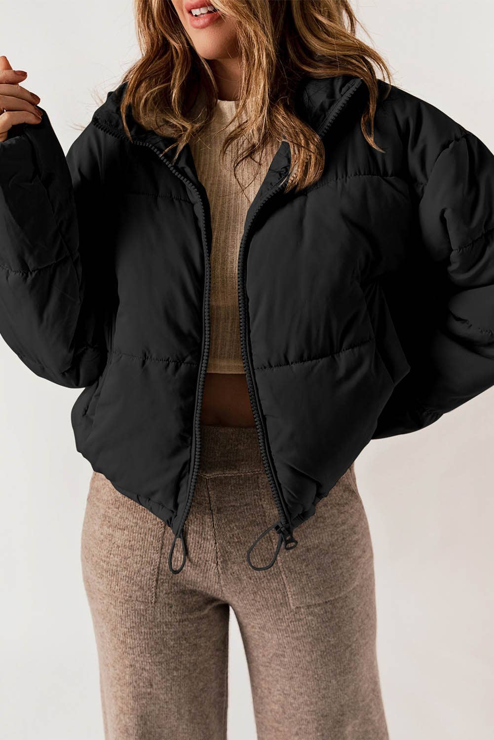 Black Zip Up Drawstring Hem Puffer Coat: S / Black