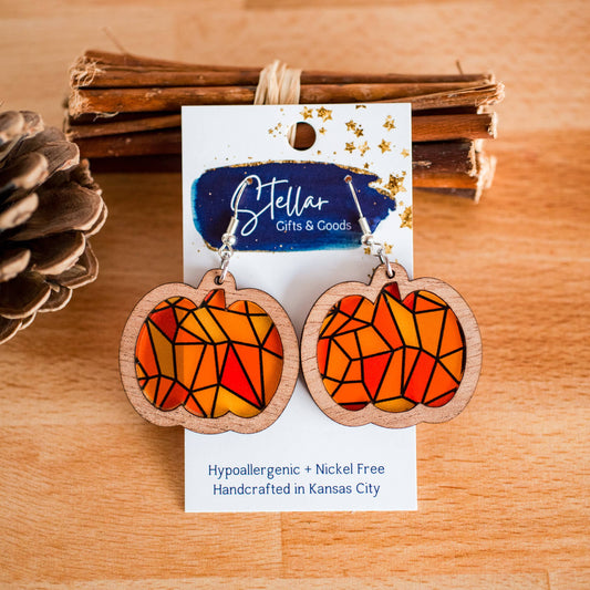 Fall Stained Glass Pumpkin Inset Dangles - Fall Earrings